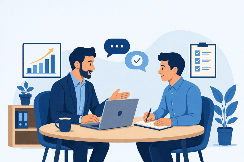 "Gestor e vendedor em reunião individual de vendas"